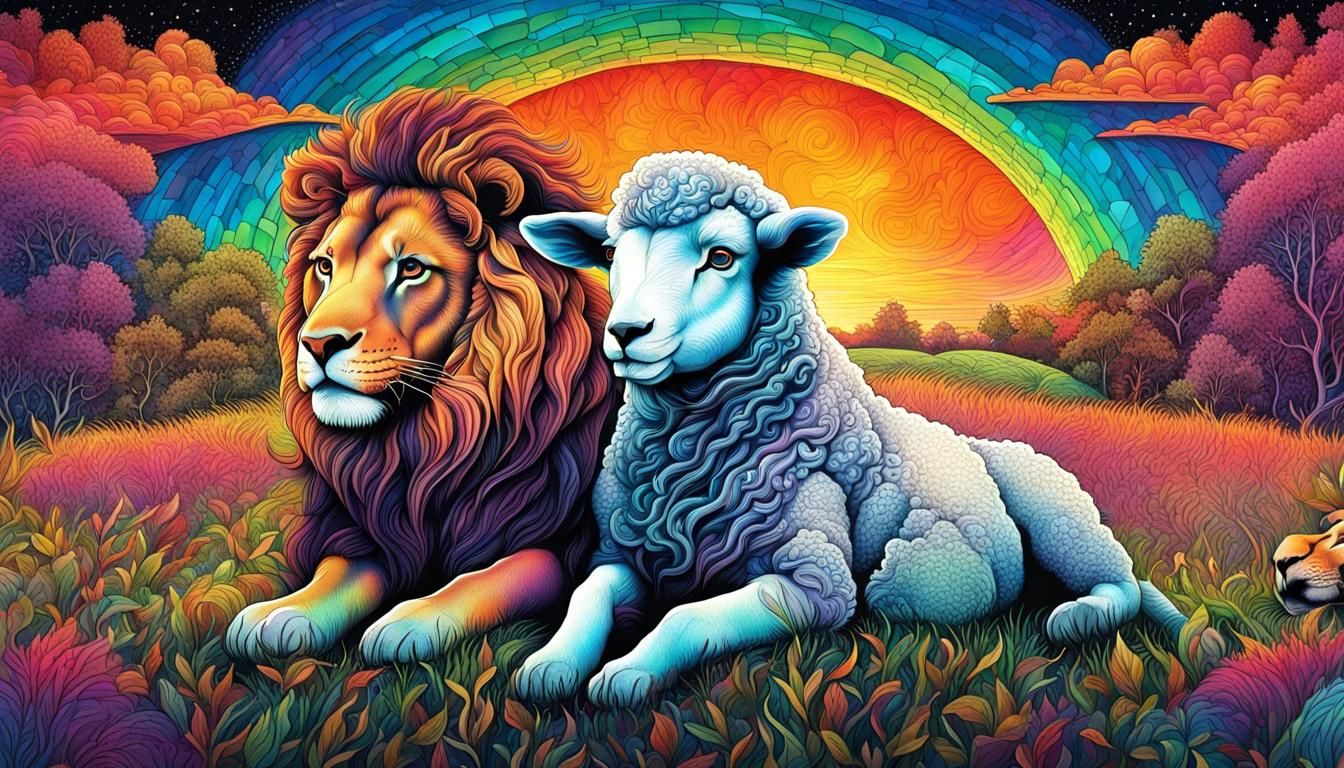 Resting Lion and Lamb in Colorful Meadow