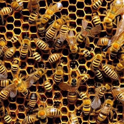 Golden Bees Swarming Honey Hive in Ghibli Style