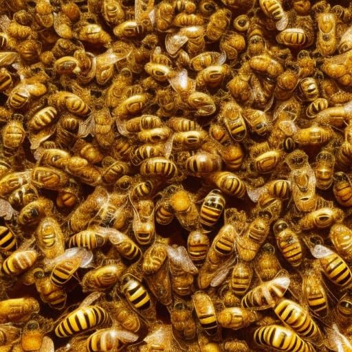 Golden Bees Swarming Honey Hive in Ghibli Style