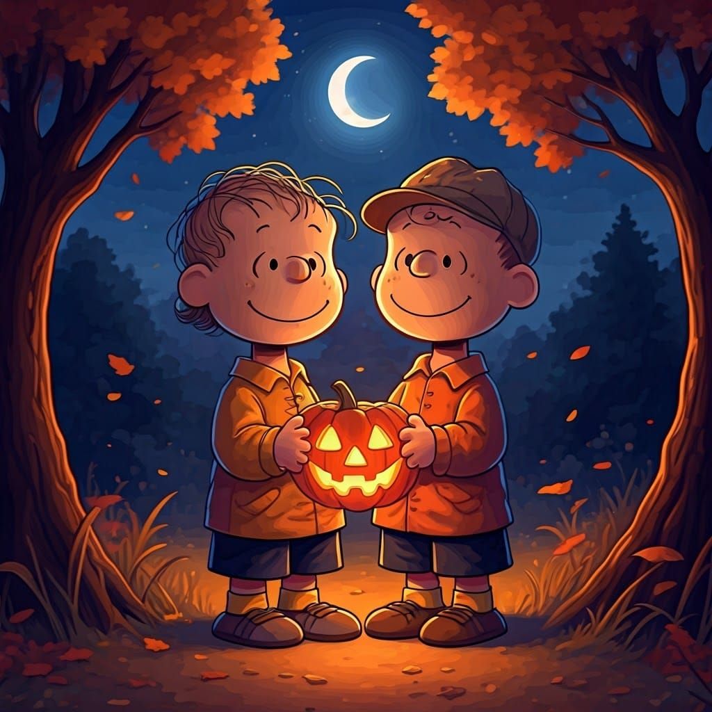 Charlie Brown and Linus with Jack-o'-Lantern, Anime Style