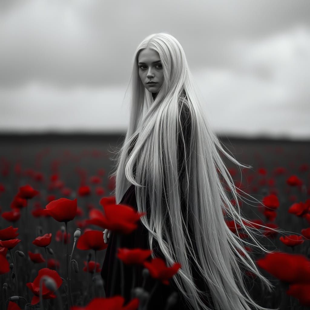Poppy Field Portrait in Moody Digital Art Style