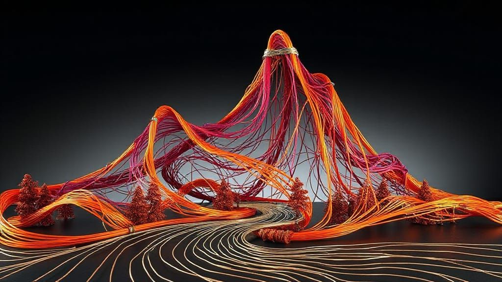 Colorful Wire Sculpture: Mountain Landscape Line Art