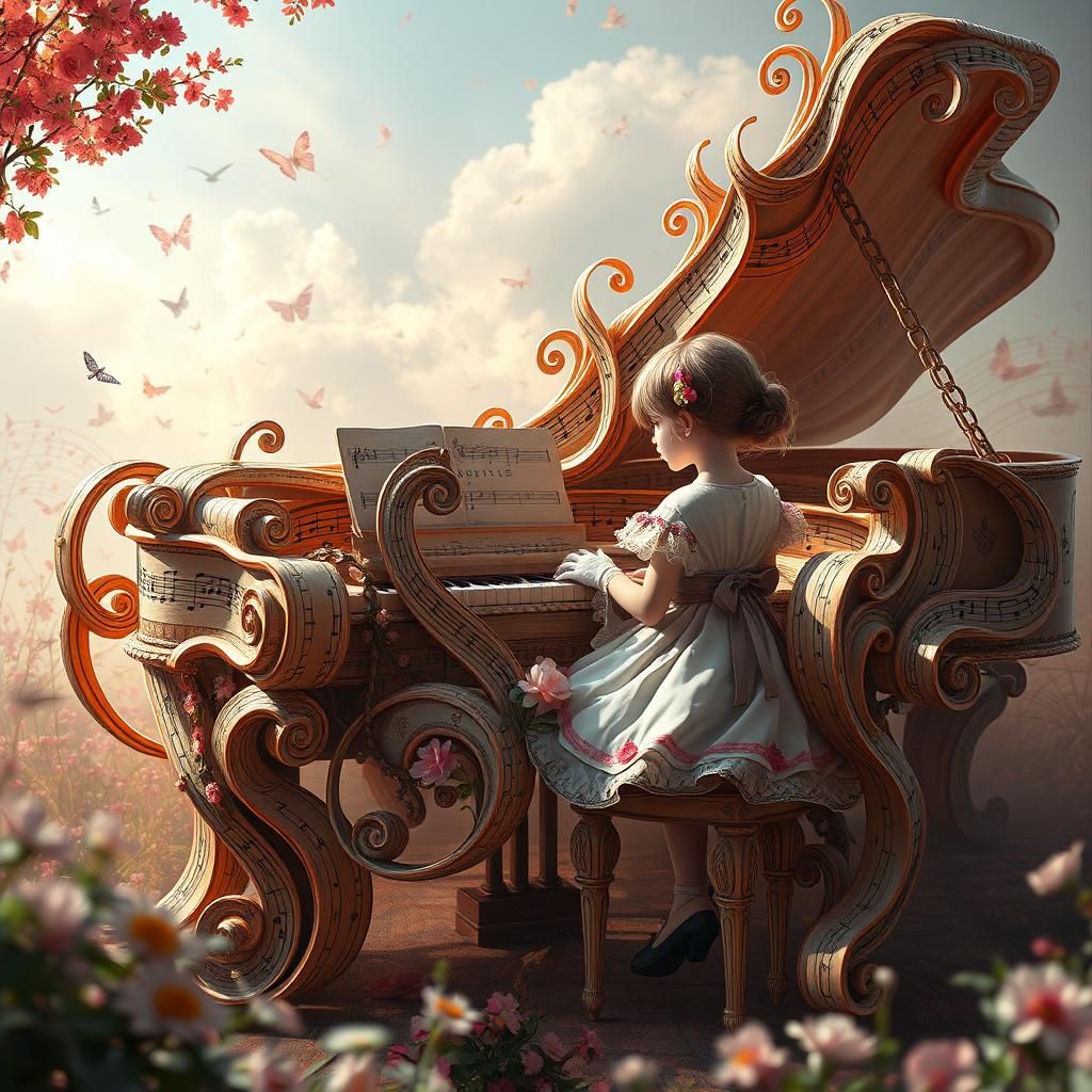 Girl Plays Piano Made of Music Notes