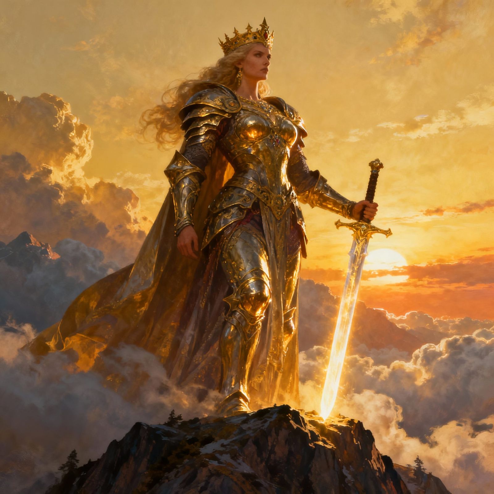 Epic Warrior Queen with Glowing Sword at Dawn