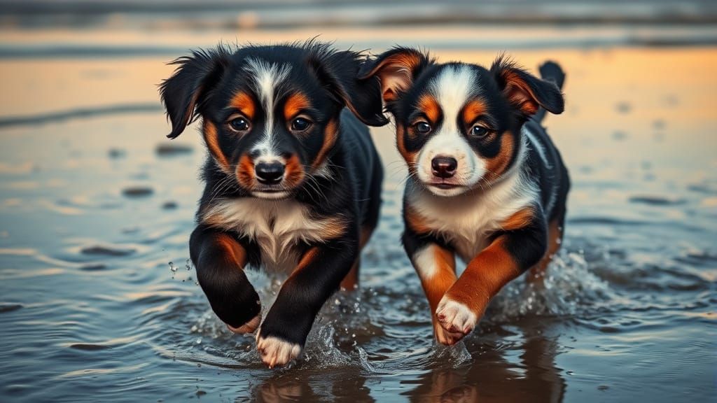 Puppies Playing on Beach at Sunset: Photorealistic Style