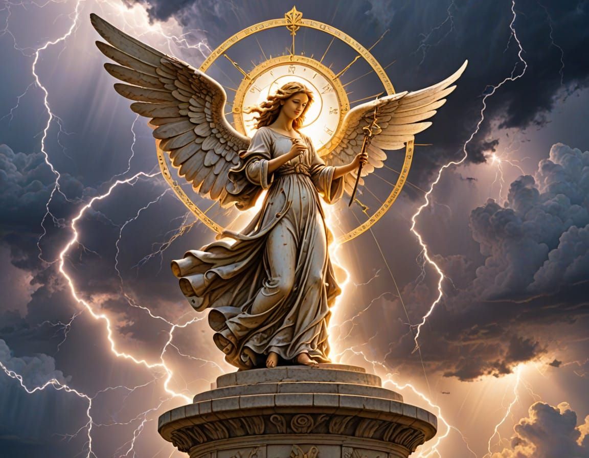 Ethereal Angelic Scene with Sundial and Lightning Storm