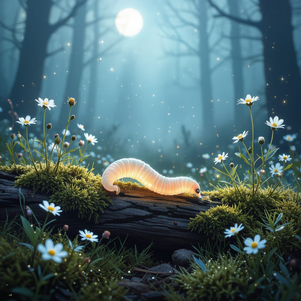 Bioluminescent Worm on Mossy Log in Enchanted Forest
