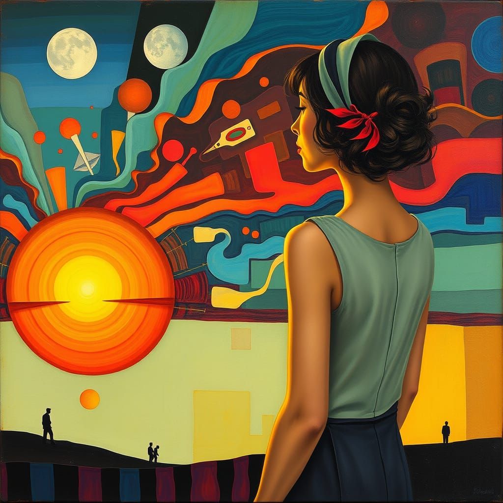 1920s Woman Gazing at Surreal Cubist Sunset