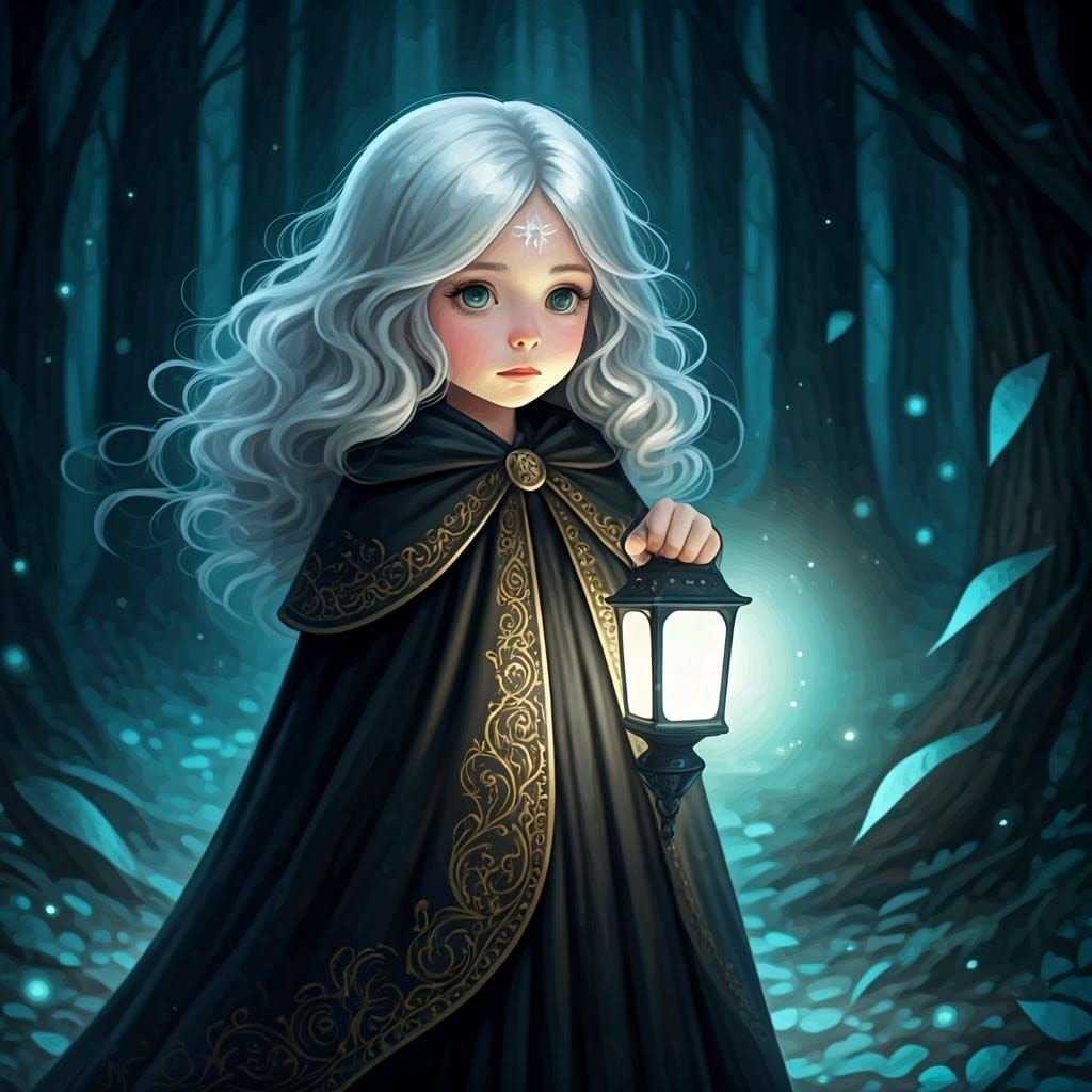 Mystical Girl with Lantern in Dreamlike Forest