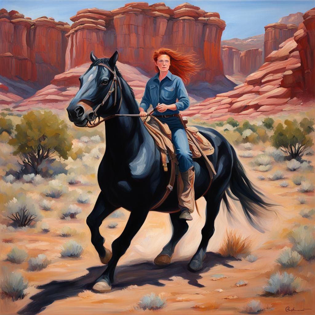 Cowgirl Herding Cattle in Canyon Lands: Oil Painting