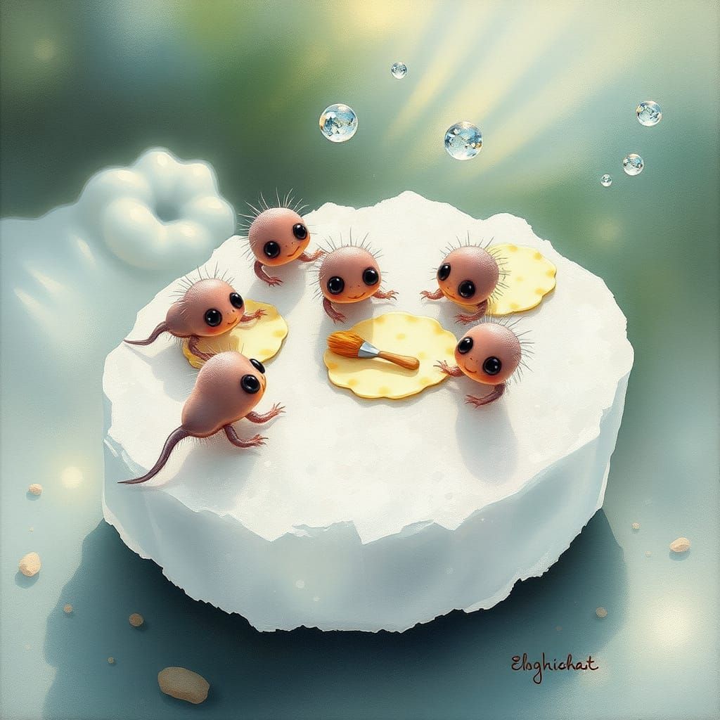 Microbes Picnic on Sugar Crystal in Gouache Style