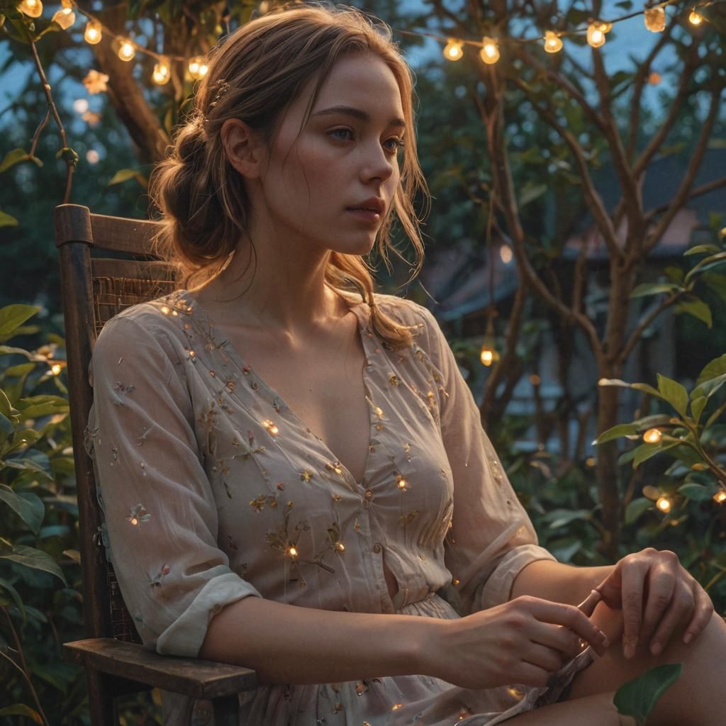 Woman in Garden at Dusk: Photorealistic Digital Art