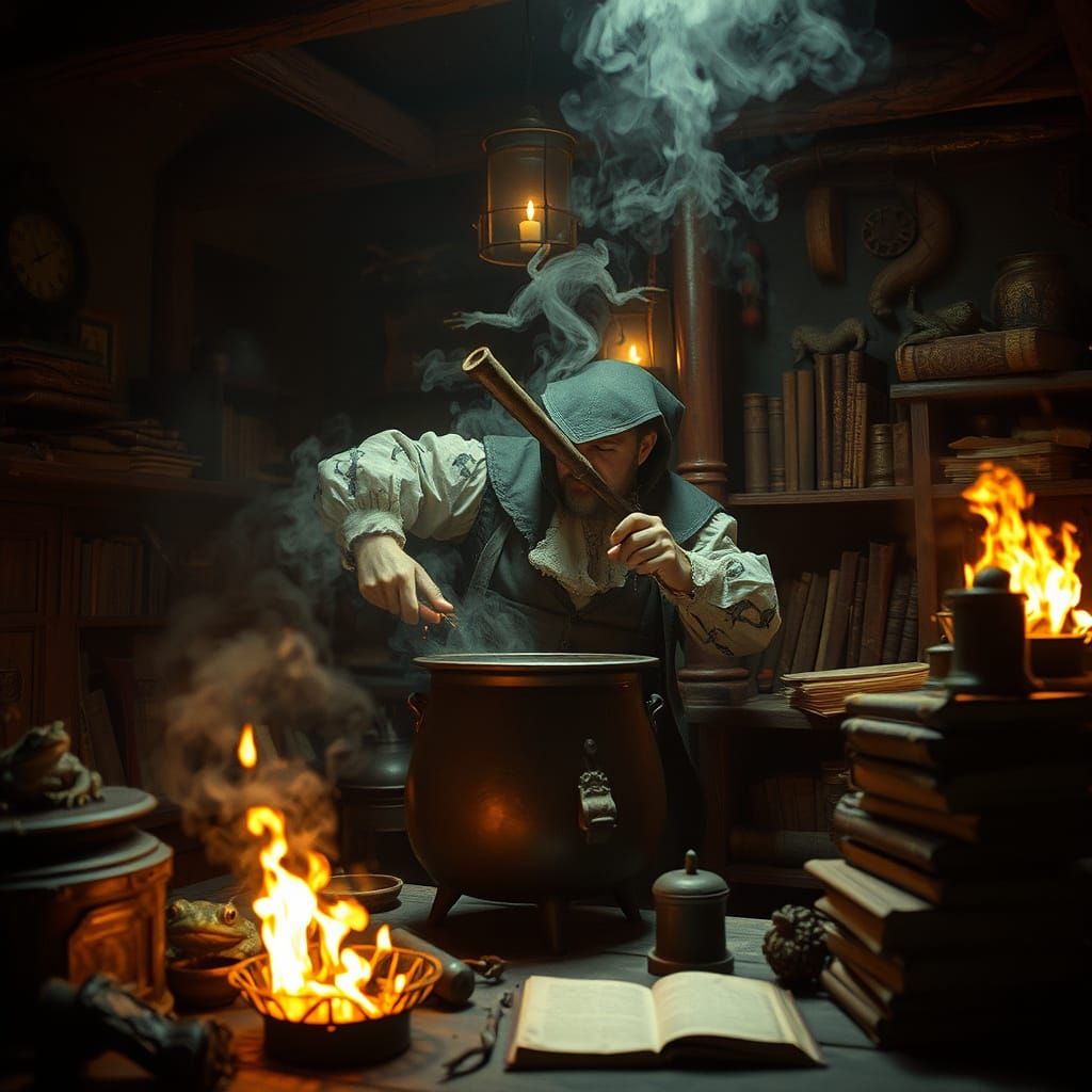 Surreal Medieval Alchemist Conjures Magic in a Dark Laborato...