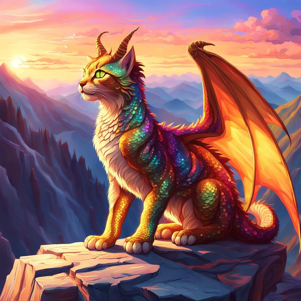 Majestic Cat-Dragon on Mountain Ledge: Digital Art