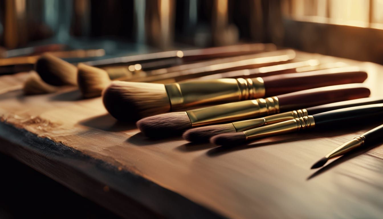 Paintbrushes on Desk in Hyperrealistic Oil Painting