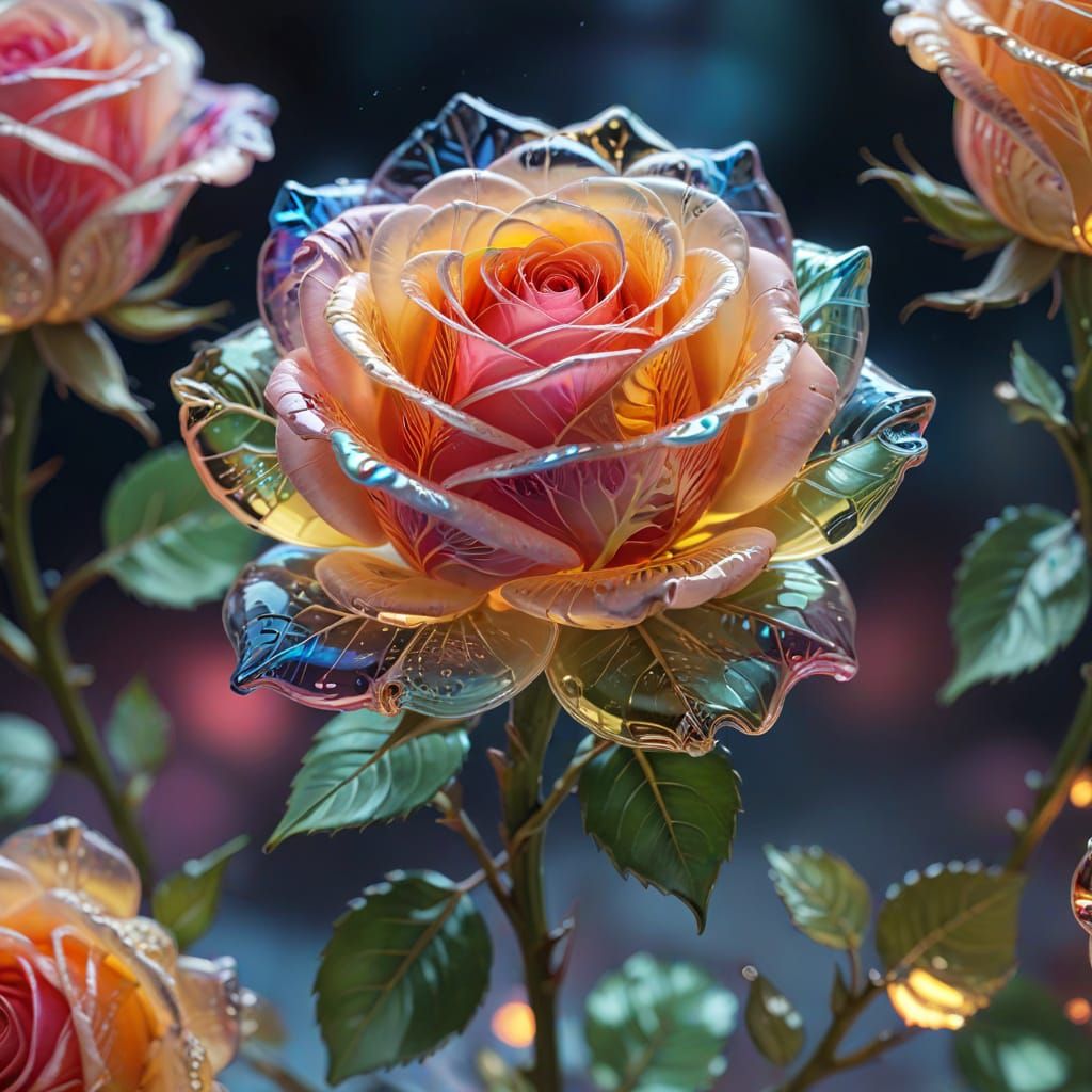 Glowing Glass Rose in Vibrant Oil Painting Style