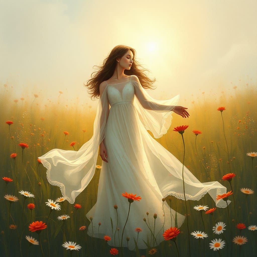 Goddess in Wildflower Field: Ethereal Illustration