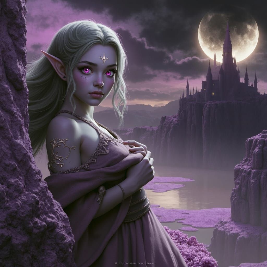 Dark Fantasy Elf Girl on Purple Cliff, Masterpiece Art