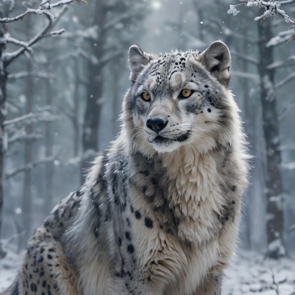 Wolf and Leopard Hybrid in Snowy Forest