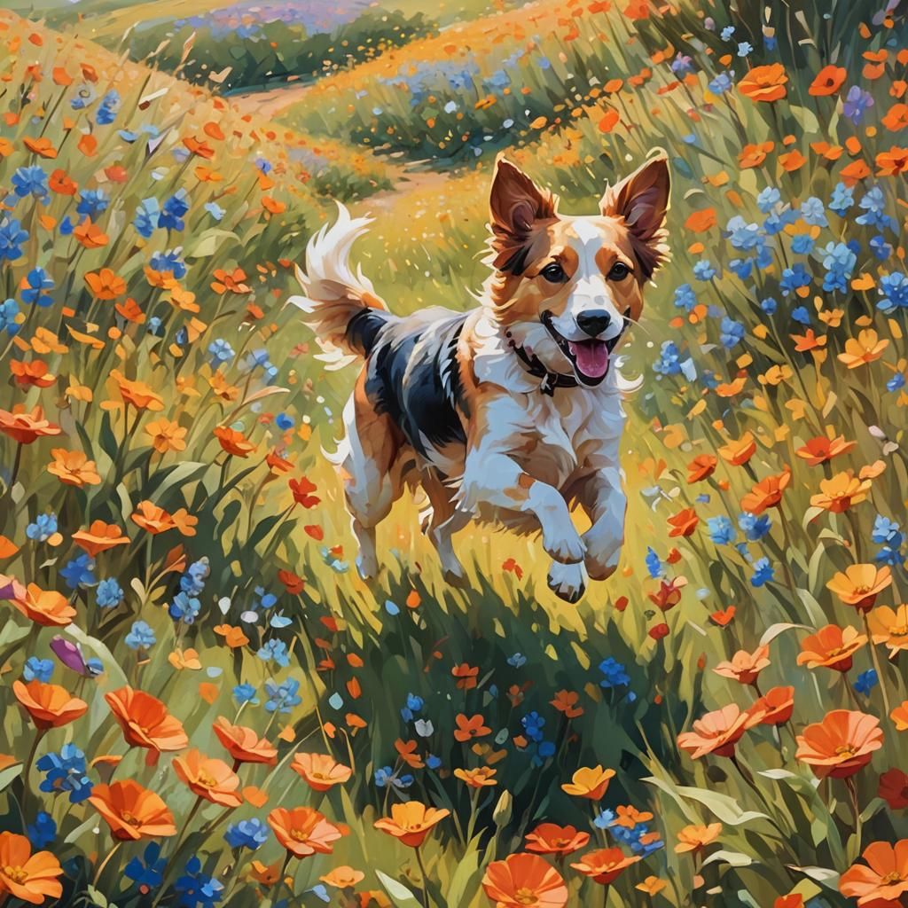 Dog Running Through Flower Field: Whimsical Oil Painting