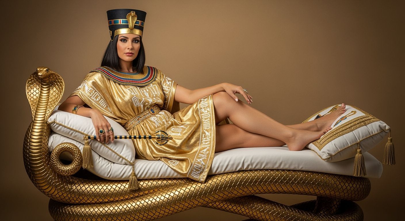 Elegant Egyptian Queen on Golden Serpent Chaise Lounge