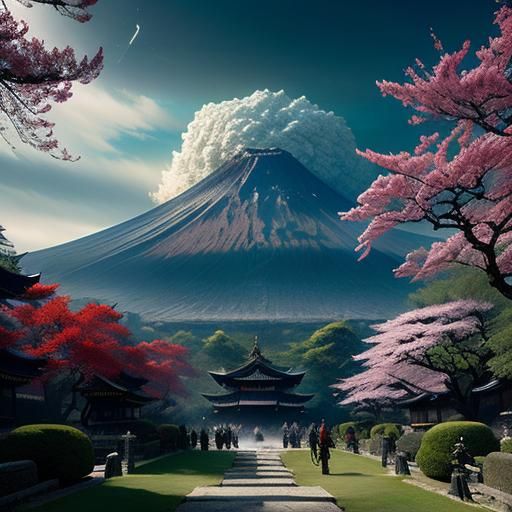 Samurai in Japan with Volcano, in Doré Style