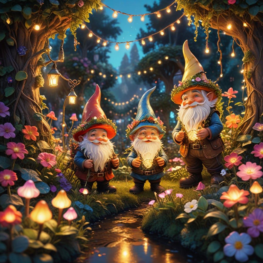 Magical Garden with Gnomes in Vibrant Oil Painting