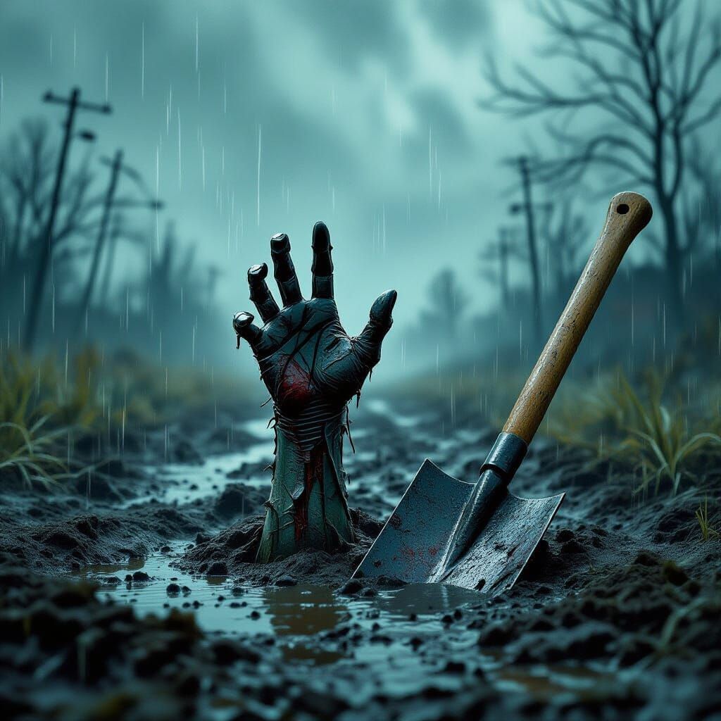 Zombie Hand Emerges During Storm, Eerie Digital Art
