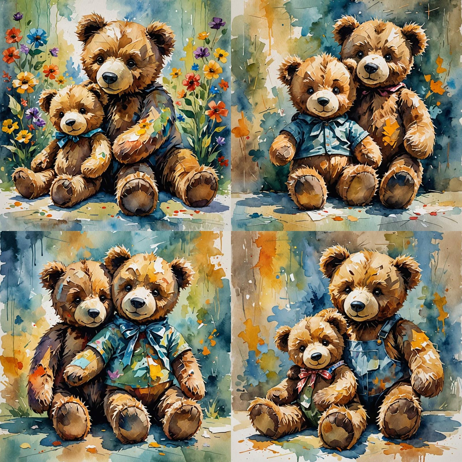 Teddy Bears Cuddling as Gouache Watercolor Painting