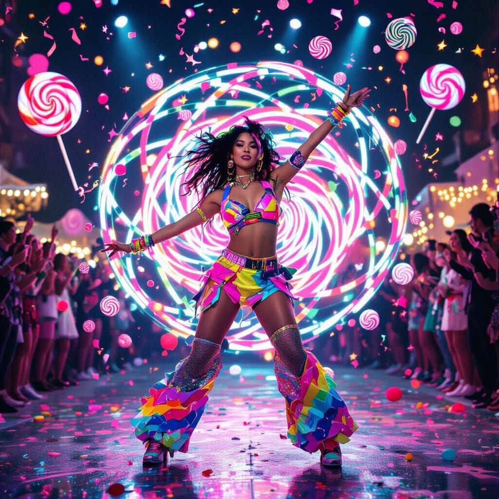 Vibrant Dancer at Neon Festival with Candy Swirls