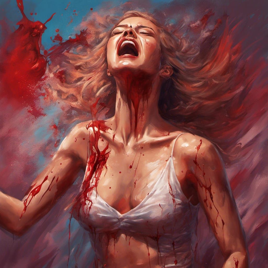 Hyperrealistic Girl Singing with Blood: Splash Art