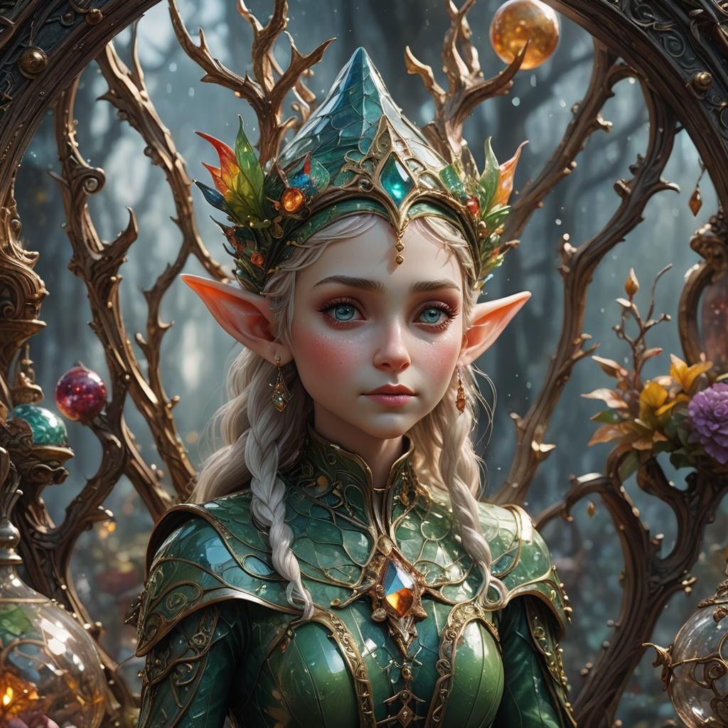 Enameled Glass Elf Sculpture: Detailed Digital Painting
