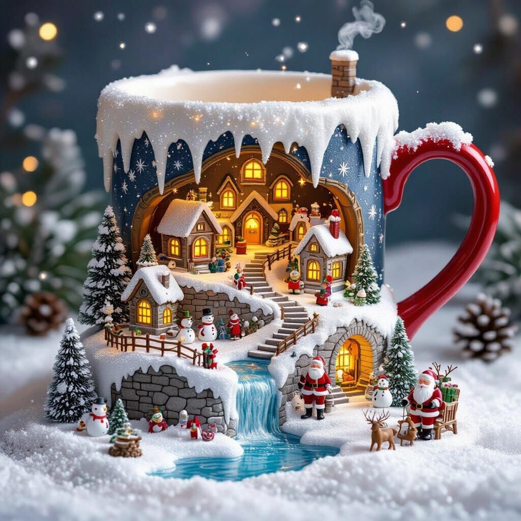 Enchanted Christmas Mug Village Diorama in Photorealism