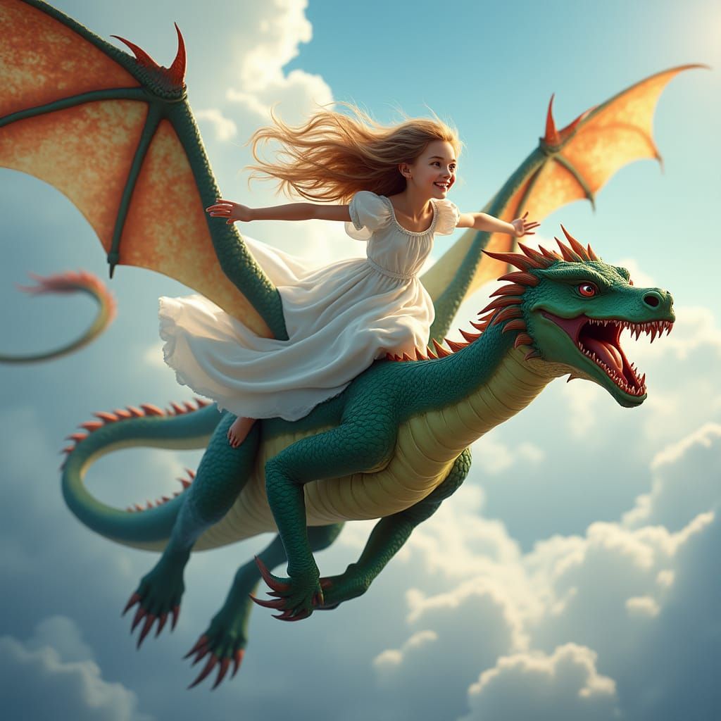 Girl Rides Dragon in High Fantasy Style