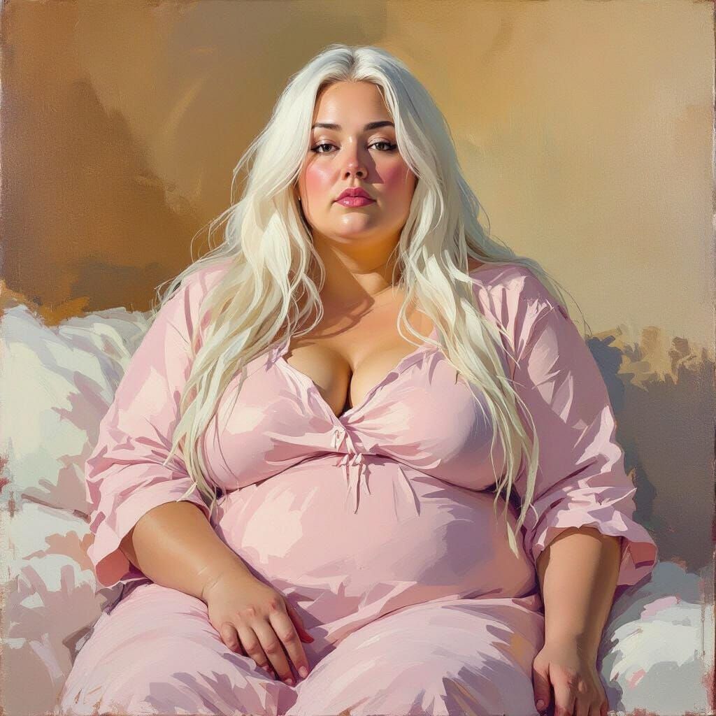 Woman with White Hair in Pink Nightgown, Expressive Brushstr...