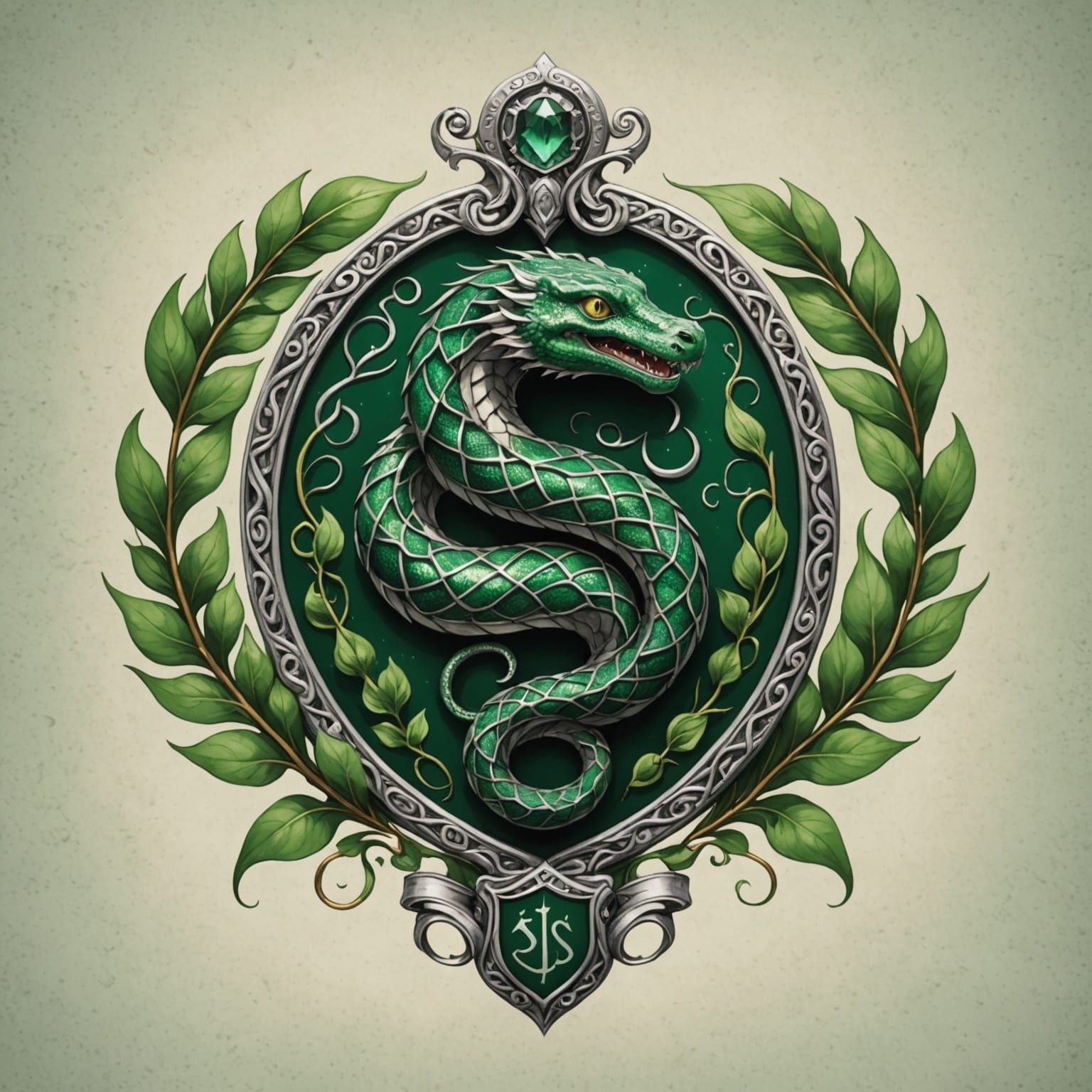 Ghibli-Inspired Slytherin Emblem with Elegant Serpent and Cr...