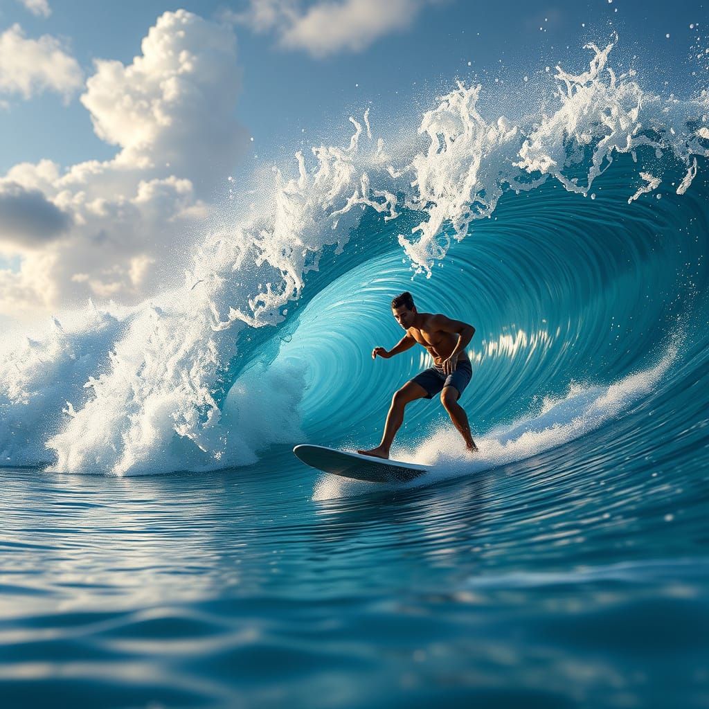 Hyper-Realistic Surfing Scene in Vibrant Colors