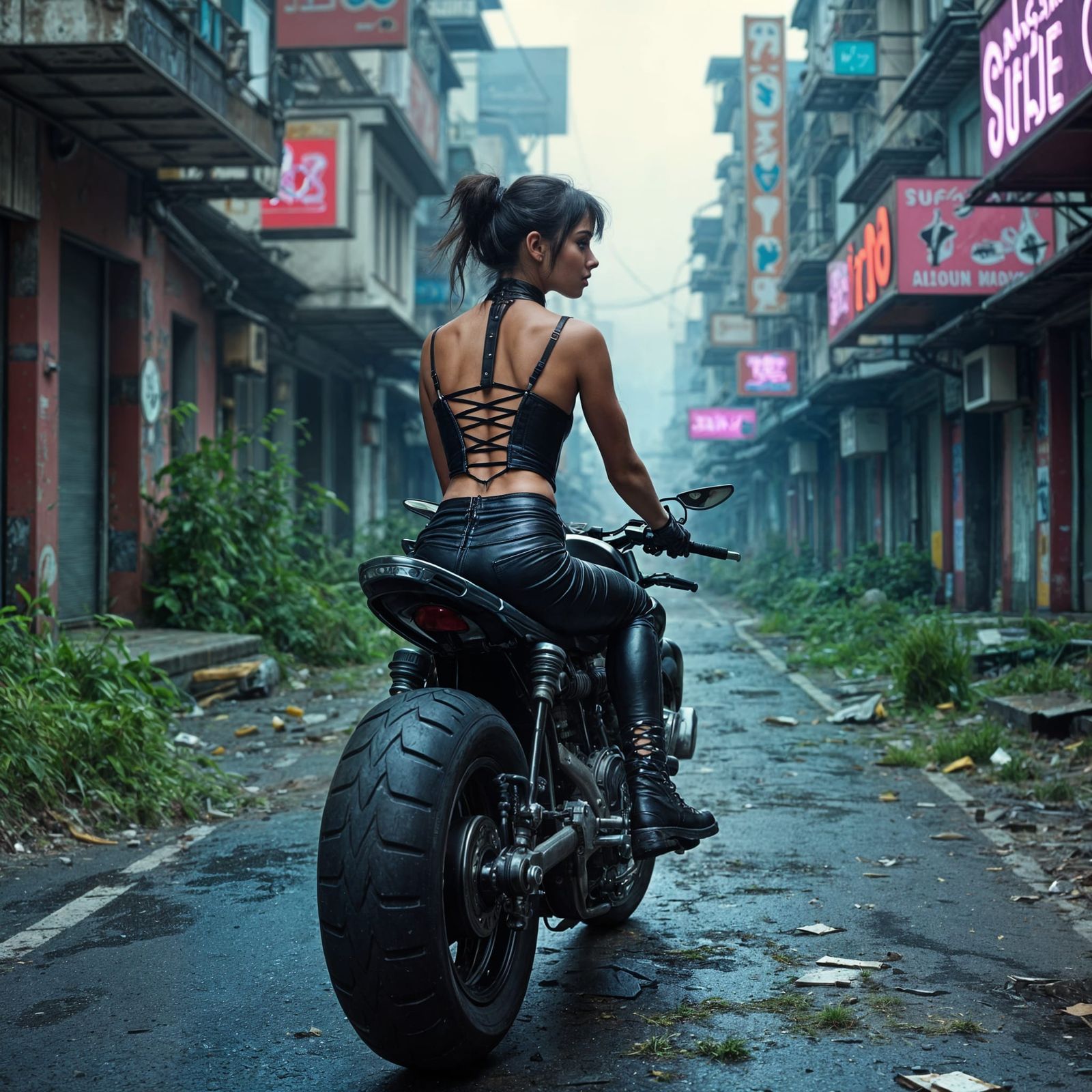 Futuristic Biker in Deteriorating Cyberpunk Cityscape