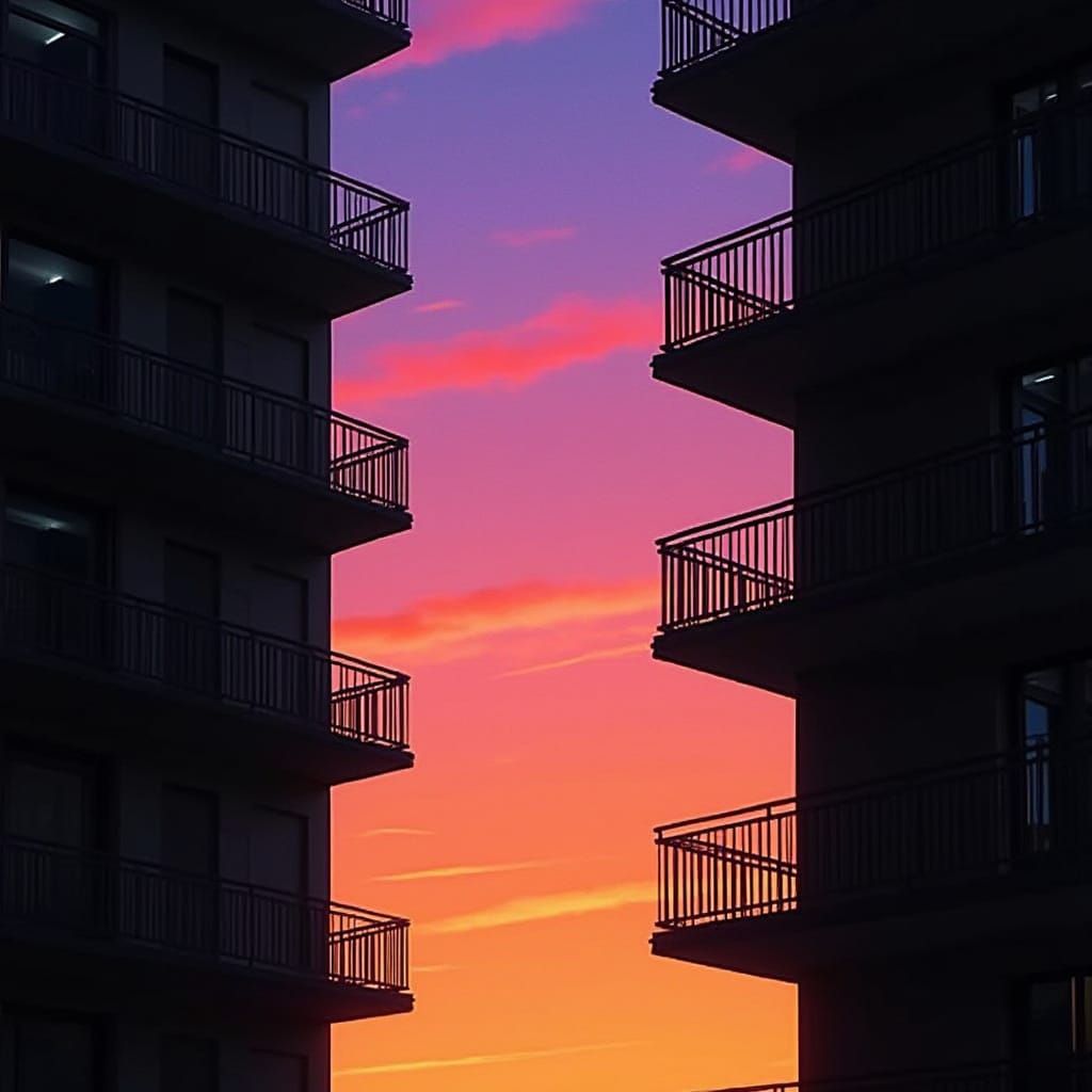 Sunset Sky Between Dark Buildings with Glitch Effect