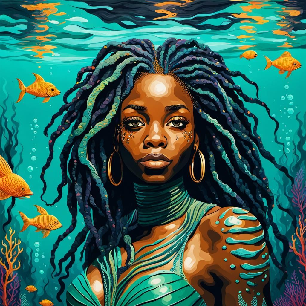Black Mermaid with Locs in Abstract Underwater Scene