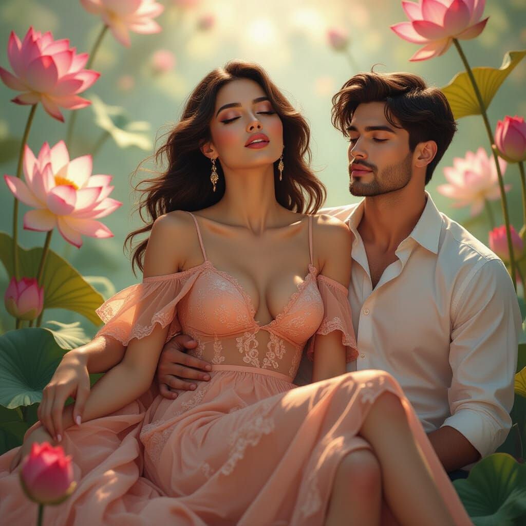 Woman in Lace Dress with Flowers, Hyperrealistic Style