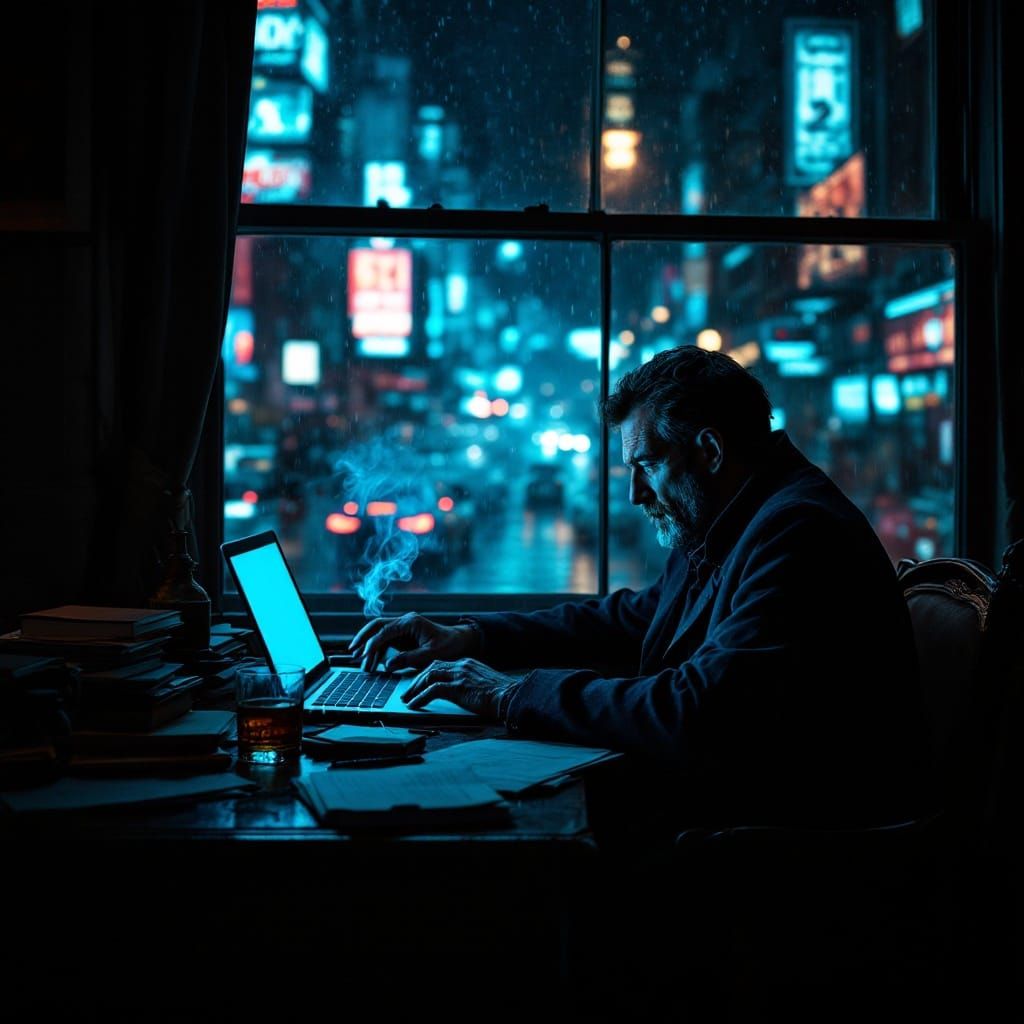 Film Noir Detective's Office at Night, Moody 1940s Aesthetic
