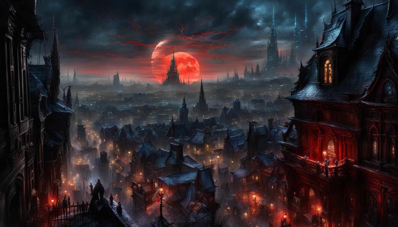 Bloodborne Hunter Overlooking City at Night