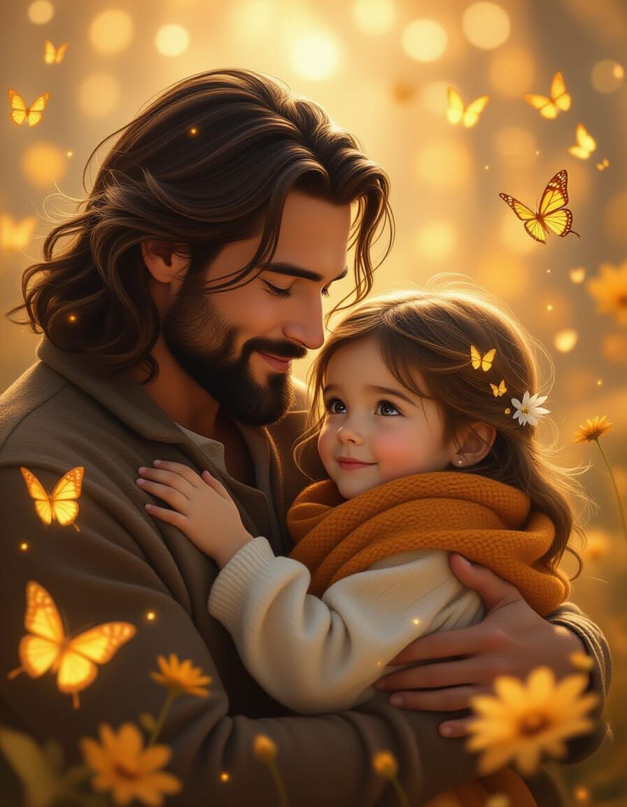 Loving Father and Daughter in Fantasy Garden