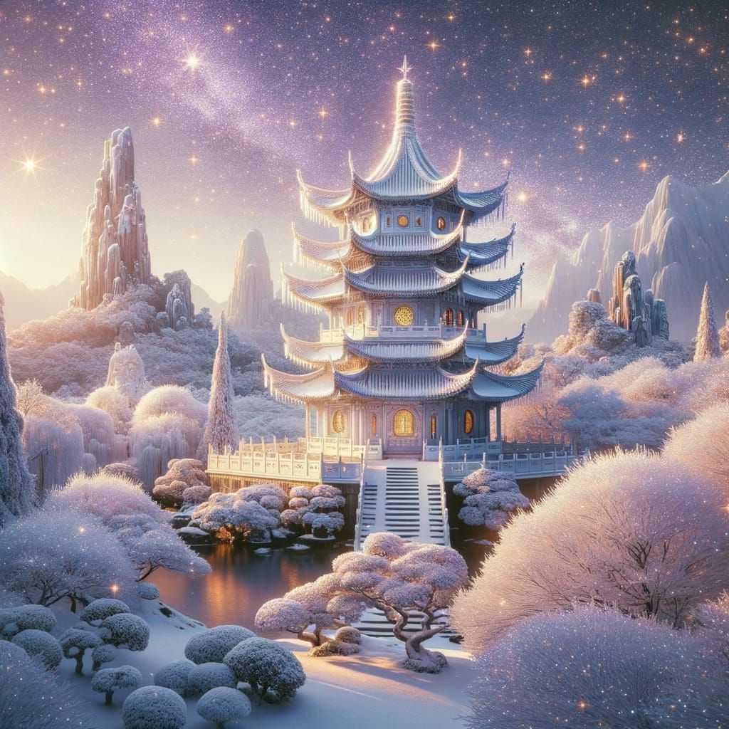 Ethereal White Pagoda in Snowy Chinese Landscape