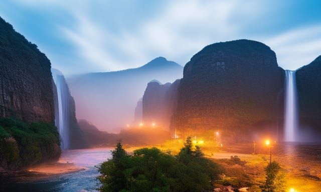 Noir City Waterfalls in Golden Light