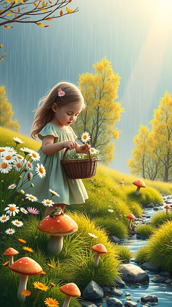 Whimsical Autumn Scene with Girl Gathering Daisies