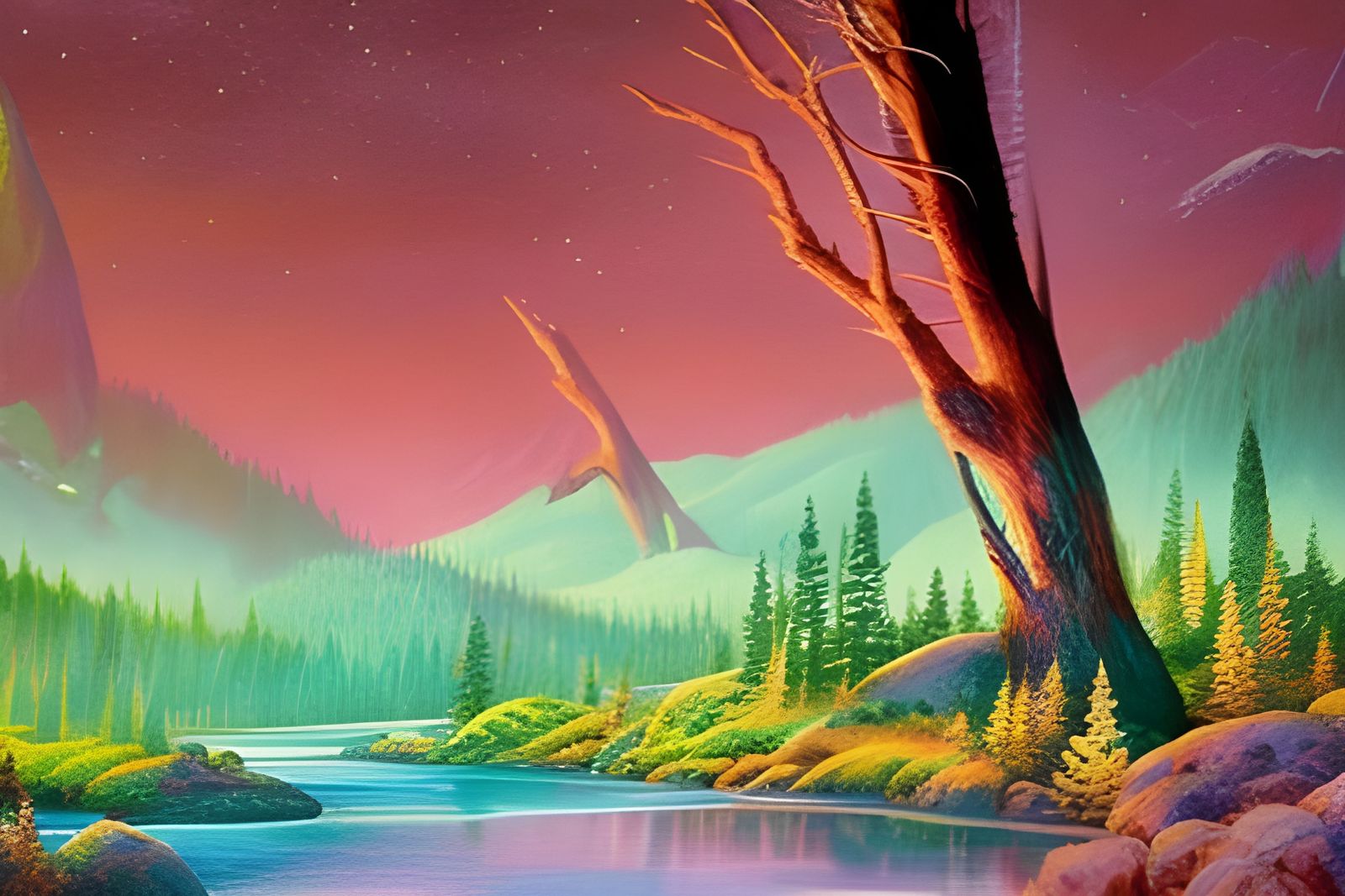 Mountain River Landscape Under Astral Night Sky