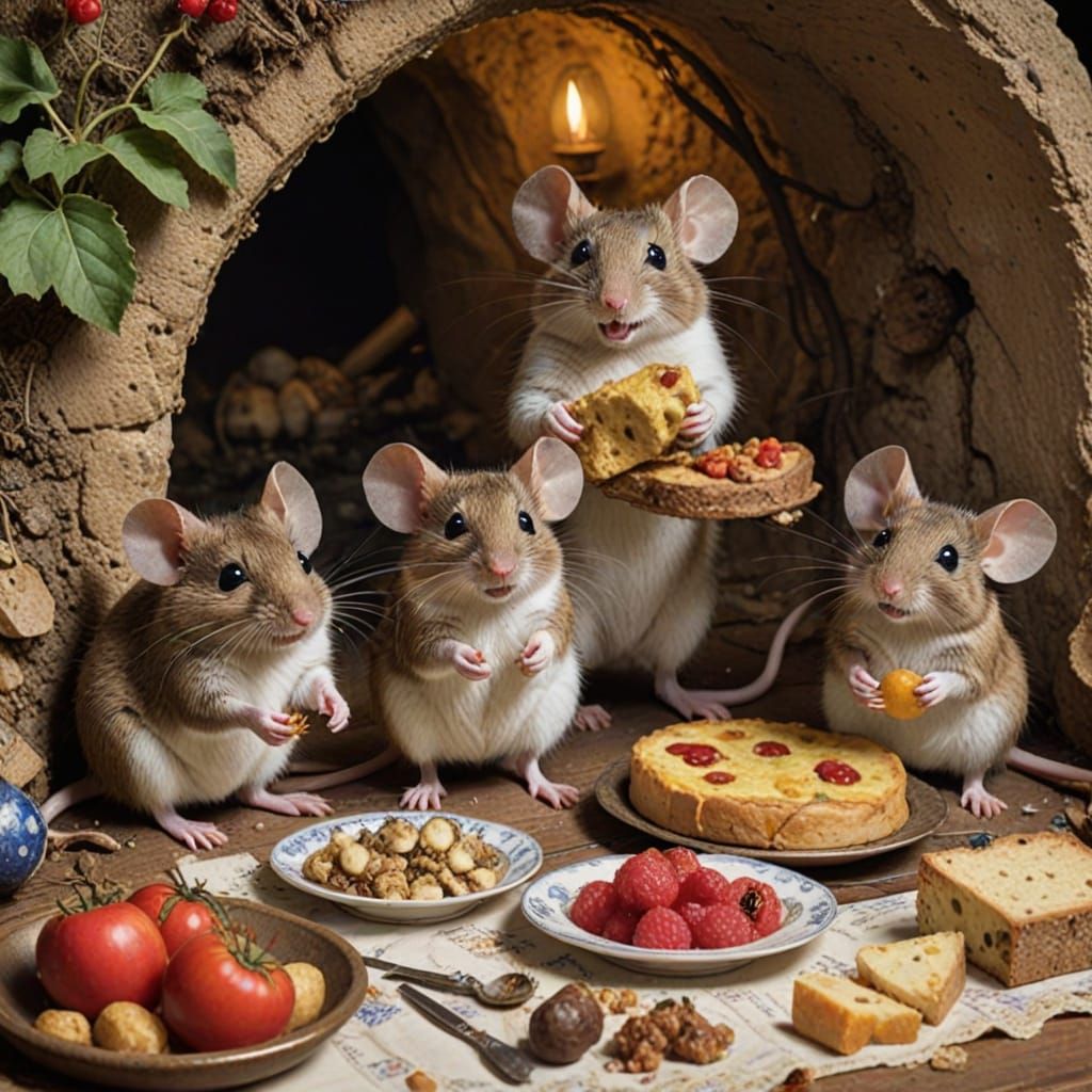 Mice Family in Luxurious Burrow with Colonial Goods