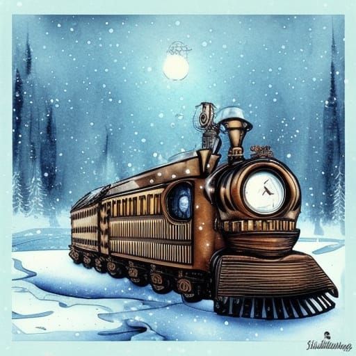 Steampunk Character Driving Train in Winter Wonderland